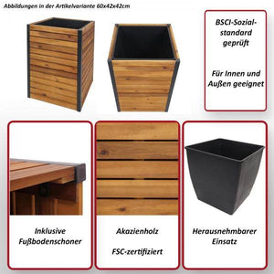 Pflanzkasten HWC-L23, Hochbeet Blumenkasten, Outdoor Akazie Holz FSC-zertifiziert Aluminium ~ 60x42x42cm braun