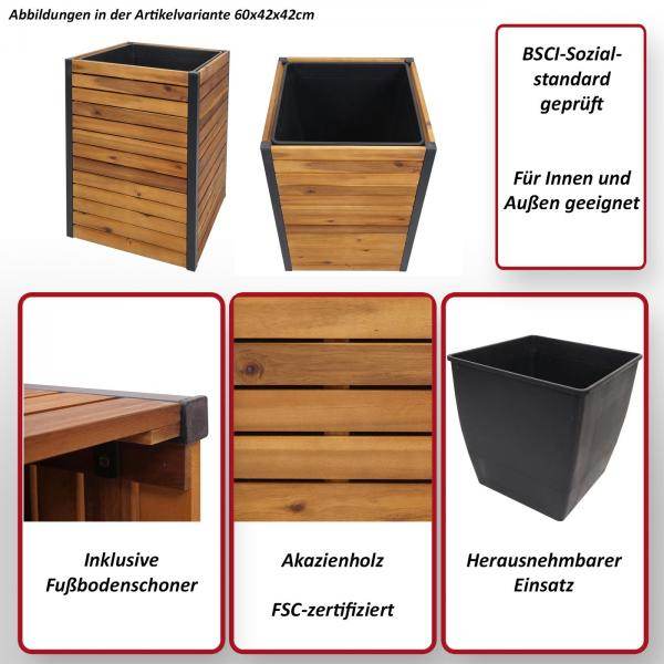 Pflanzkasten HWC-L23, Hochbeet Blumenkasten, Outdoor Akazie Holz FSC-zertifiziert Aluminium ~ 60x42x42cm braun
