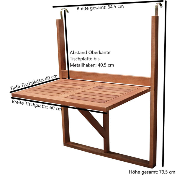 Balkonhängetisch 60x40cm, Akazienholz geölt