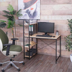 Schreibtisch mit Regal Laptoptisch Bürotisch Arbeitstisch, 100x60cm Metall Holz ~ natur