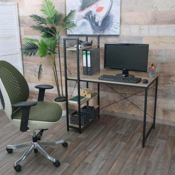 Schreibtisch mit Regal Laptoptisch Bürotisch Arbeitstisch, 100x60cm Metall MDF ~ grau-braun