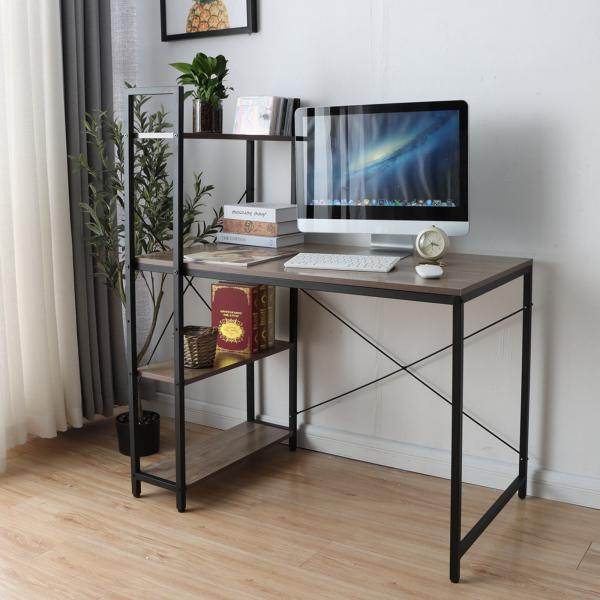 Schreibtisch mit Regal Laptoptisch Bürotisch Arbeitstisch, 100x60cm Metall MDF ~ grau-braun