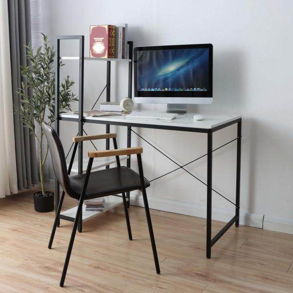 Schreibtisch mit Regal Laptoptisch Bürotisch Arbeitstisch, 100x60cm Metall MDF ~ Marmor-Optik weiss