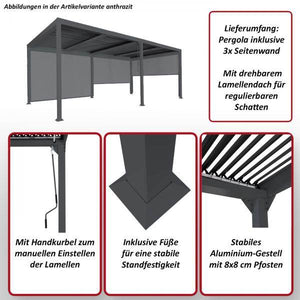 Alu Pergola HWC-L41 mit 3x Seitenwand, Lamellen-Pavillon, stabiles 8cm-Metall-Gestell 3x6m ~ anthrazit