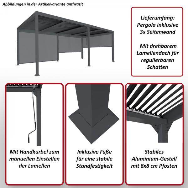 Alu Pergola HWC-L41 mit 3x Seitenwand, Lamellen-Pavillon, stabiles 8cm-Metall-Gestell 3x6m ~ anthrazit