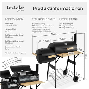 Holzkohlegrill Smoker 2in1 mit Thermometer schwarz