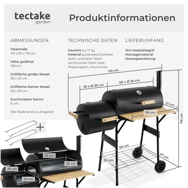 Holzkohlegrill Smoker 2in1 mit Thermometer schwarz