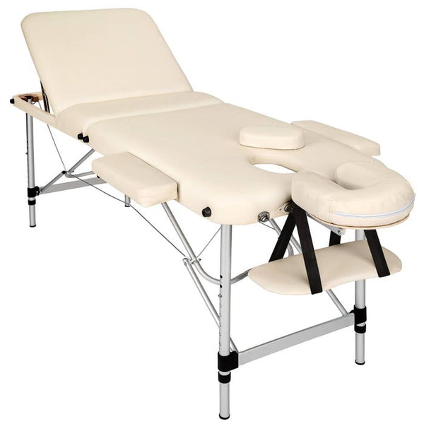 3 Zonen Massageliege mit 5cm Polsterung, Rollen und Aluminiumgestell beige