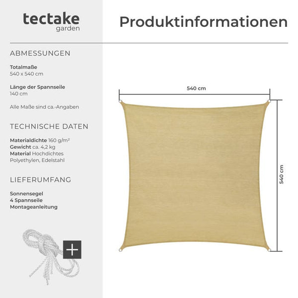 Polyethylen Sonnensegel quadratisch, 540 x 540 cm