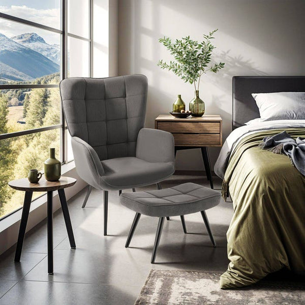 Sessel Hygge gepolstert, ergonomisch, Belastbarkeit 150 kg Feincord anthrazit/schwarz mit Hocker