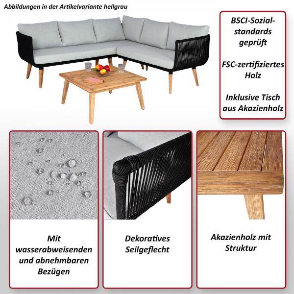 Garten-Garnitur HWC-L30, Garnitur Sitzgruppe Lounge-Set Sofa, Akazie Holz MVG-zertifiziert ~ Polster hellgrau