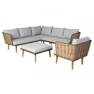 Gartengarnitur HWC-L31, Garnitur Lounge-Set Sofa Outdoor, Spun Poly Metall Poly-Rattan MVG-zertifiziert ~ hellgrau