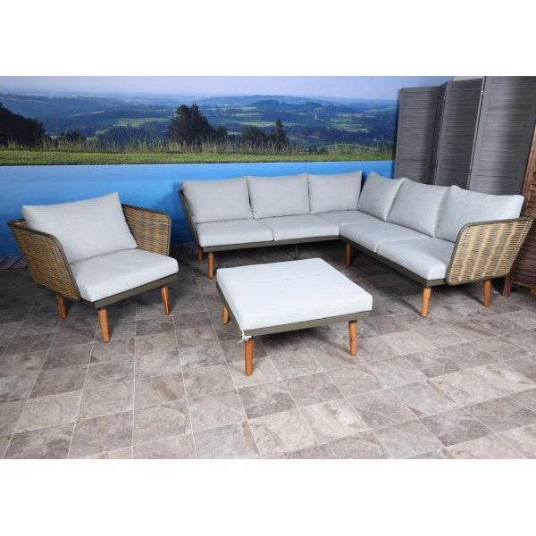 Gartengarnitur HWC-L31, Garnitur Lounge-Set Sofa Outdoor, Spun Poly Metall Poly-Rattan MVG-zertifiziert ~ hellgrau