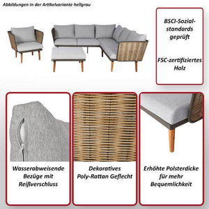 Gartengarnitur HWC-L31, Garnitur Lounge-Set Sofa Outdoor, Spun Poly Metall Poly-Rattan MVG-zertifiziert ~ hellgrau
