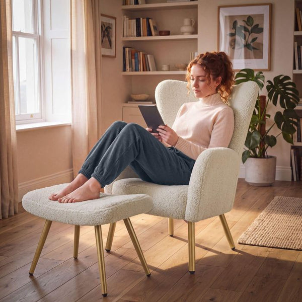Sessel mit Hocker Vänersborg Bouclé creme/gold