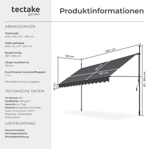 Klemmmarkise schwarz/grau 400 x 180 cm