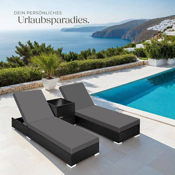 2er Set Aluminium Rattan Sonnenliegen schwarz