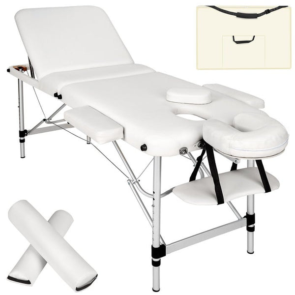 3 Zonen Massageliege mit 5cm Polsterung, Rollen und Aluminiumgestell weiss