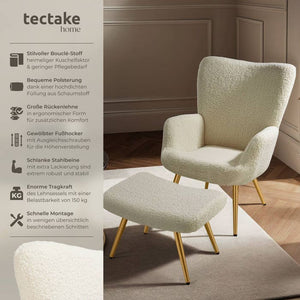 Sessel Hygge gepolstert, ergonomisch, Belastbarkeit 150 kg Bouclé creme/gold mit Hocker