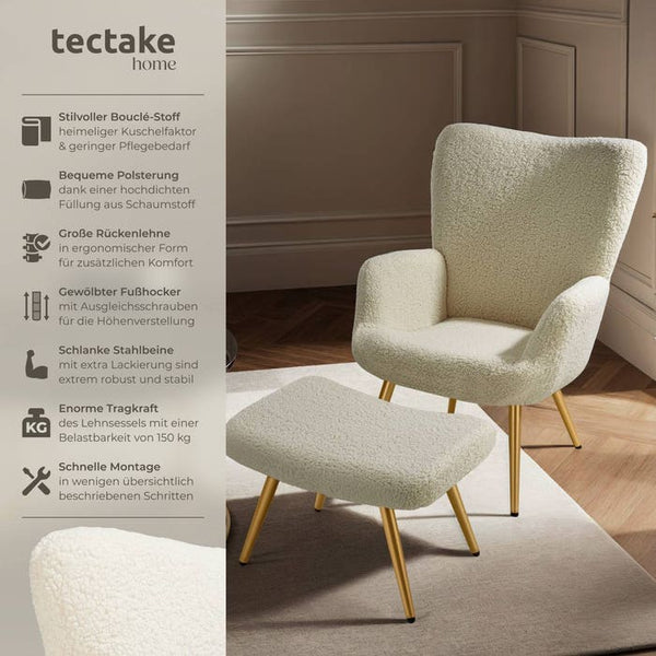 Sessel Hygge gepolstert, ergonomisch, Belastbarkeit 150 kg Bouclé creme/gold mit Hocker