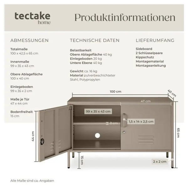 Sideboard Baker Metall mit Magnetverschluss taupe 100 x 42,5 x 65 cm