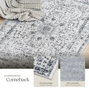 Vintage Teppich Aliya Kurzflor waschbar grau 80 x 150 cm