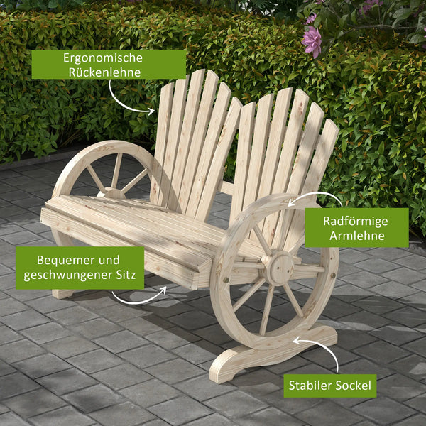 Gartenbank, Wagenrad-Design, für 2 Personen, Naturholz
