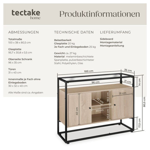 Sideboard Oldham 100x38x80,5cm Industrial Holz hell, Eiche Sonoma