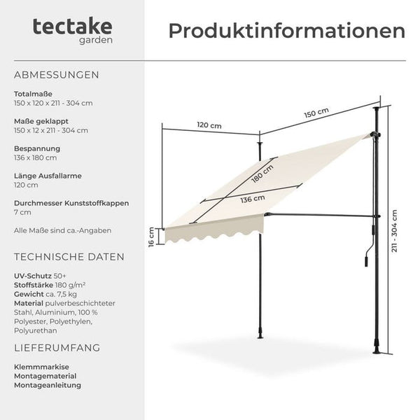 Klemmmarkise beige 150 x 180 cm