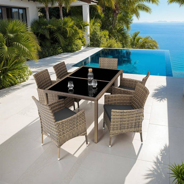 Rattan Sitzgruppe 6+1 mit Schutzhülle natur/dunkelgrau
