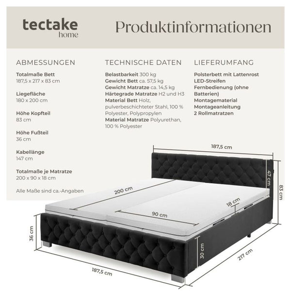 Bettset Polsterbett mit LED und Matratze Samtoptik schwarz 180 x 200 cm