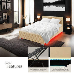 Polsterbett mit LED-Leisten & Stauraum beige 140 x 200 cm