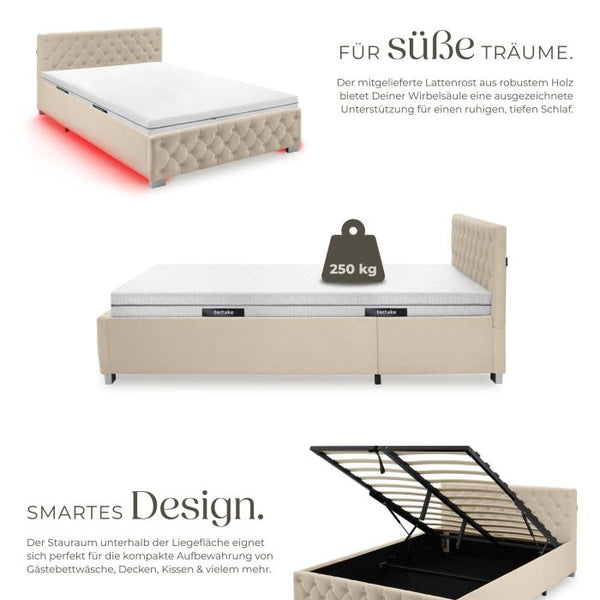 Bettset Polsterbett mit LED und Matratze Samtoptik sand 140 x 200 cm