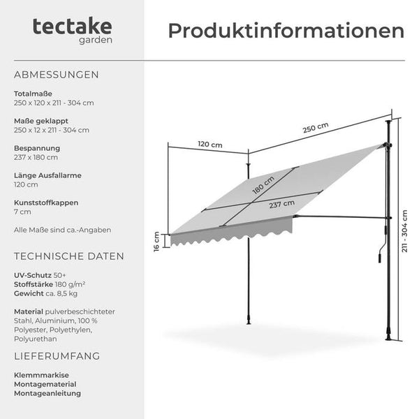 Klemmmarkise hellgrau 250 x 180 cm