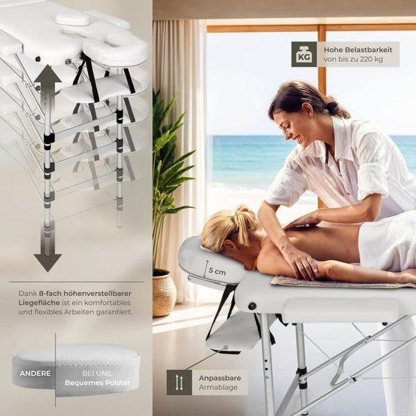 3 Zonen Massageliege mit 5cm Polsterung, Rollen und Aluminiumgestell weiss