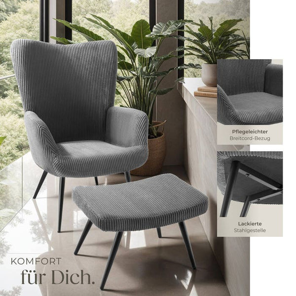 Sessel Hygge gepolstert, ergonomisch, Belastbarkeit 150 kg Breitcord anthrazit/schwarz mit Hocker