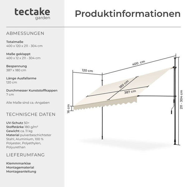 Klemmmarkise beige 400 x 180 cm