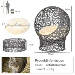 Katzenkorb, Katzenhöhle inkl. Kissen, 2-teilig, 50 cm x 50 cm x 60 cm, Cremeweiss + Violett