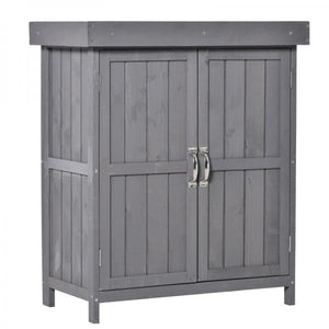 Geräteschrank, Doppeltür, Klappdeckel, 2 Regalfächer, wetterfest, Naturholz, grau