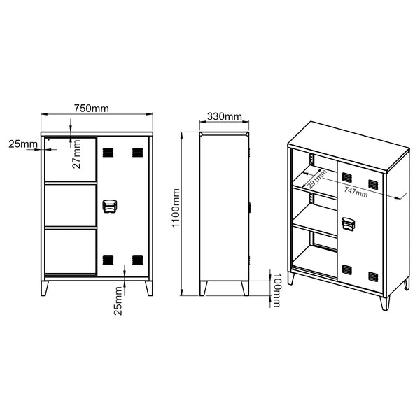 Metallschrank Kommode Oripää 110x75x33cm Schwarz