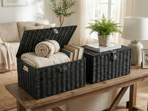 Aufbewahrungskorb mit Deckel RHINE 36 x 19 x 28 cm 2er Set schwarz