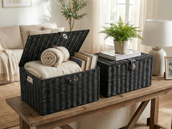 Aufbewahrungskorb mit Deckel RHINE 36 x 19 x 28 cm 2er Set schwarz