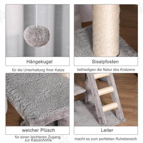 Kratzbaum mit Höhle Leiter Katzenbaum Kletterbaum E1 MDF Sisal Hellgrau