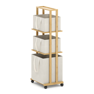 Badezimmerregal Wäschekorb Bambus auf Rollen 3 Fächer 110L