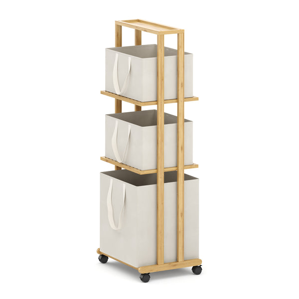 Badezimmerregal Wäschekorb Bambus auf Rollen 3 Fächer 110L