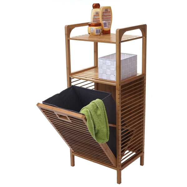 Badregal mit Wäschekorb 28l Standregal Bambus 95x40x30cm
