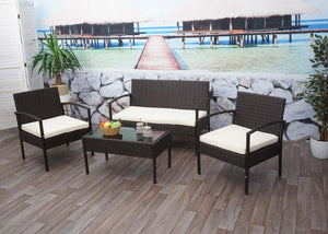 Balkon Sitzgruppe Poly-Rattan 7tlg. Garnitur-Lounge braun, Kissen creme