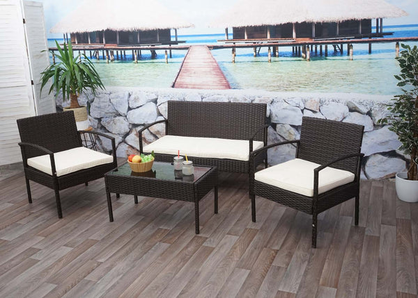 Balkon Sitzgruppe Poly-Rattan 7tlg. Garnitur-Lounge braun, Kissen creme