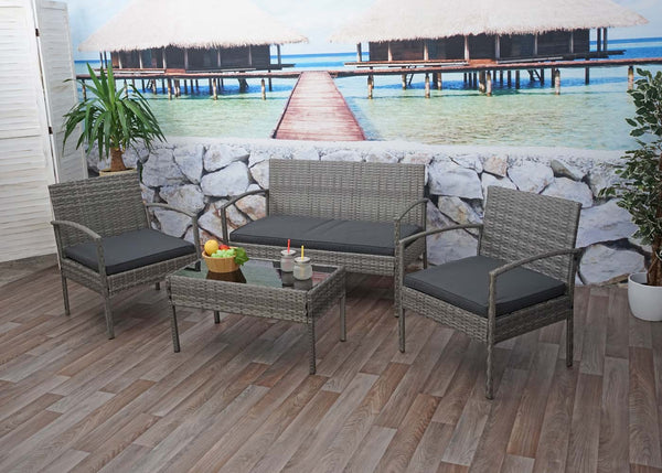 Balkon Sitzgruppe Poly-Rattan 7tlg. Garnitur-Lounge grau, Kissen dunkelgrau