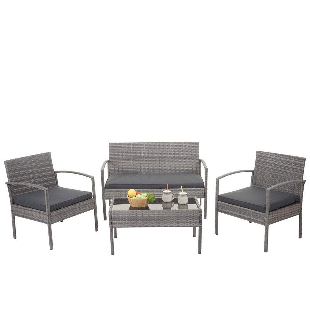 Balkon Sitzgruppe Poly-Rattan 7tlg. Garnitur-Lounge grau, Kissen dunkelgrau